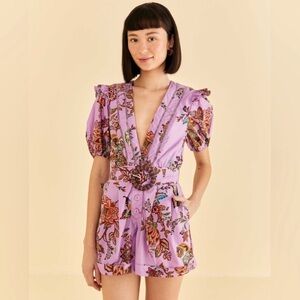 Farm Rio Monkey Floral Puff Sleeve V Neck belted Romper * XL